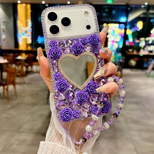 Changjia for iPhone 18 Pro Max/iPhone 17 Pro Max Glitter Bling Case,Cute 3D Sparkle Heart Makeup Mirror Crystal Rhinestone Flower Diamond Gems with Lanyard Wrist Strap Case for Women Girls 6.9,Purple