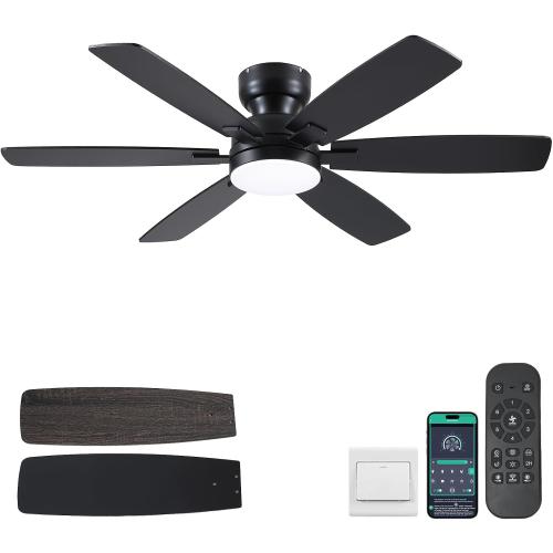 Kviflon 52 In Flush Mount Ceiling Fan with Light Remote/APP,6 Blades Black