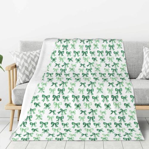 Throw Blanket Bow Pattern Green Flannel Blanket 80 x 60 Inch Soft Lightweight for Sofa Couch Living Room Bed Office All-Season Comfort