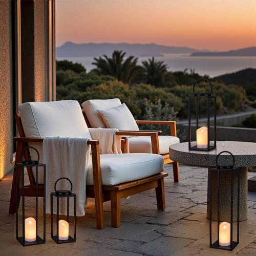 Large Solar Outdoor Lanterns, 25 16 Tall Farmhouse Black Metal Waterproof Decorative Lanterns with Solar Candles for Front Porch, Patio, Christmas, Fall Decor- Set of 2