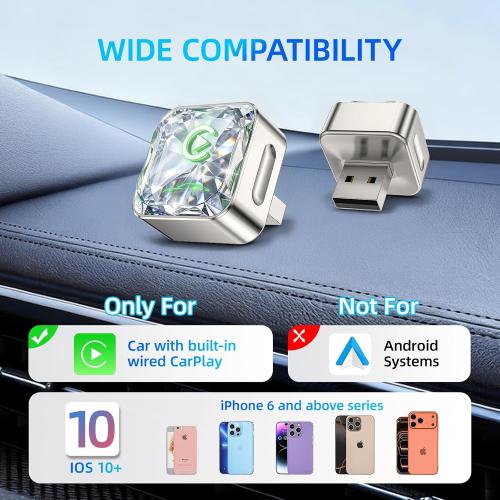 Wireless CarPlay Adapter, 5.8G Quad-Core Chip No Latency, Aerospace Silicone Cooling, Zn-Alloy & Diamond Panel, Plug & Play Wired to Wireless CarPlay Adapter