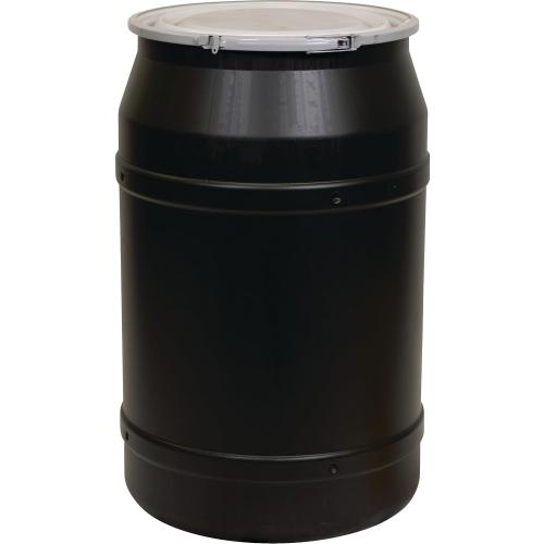 Eagle 55 Gallon Plastic Drum with Lid, Metal Lever-Lock, 36.4x22.5, Open Head Lab Pack Drum Made of Durable, Lightweight HDPE, Withstands Weather and Chemicals, Made in USA, Black, 1656MBLK