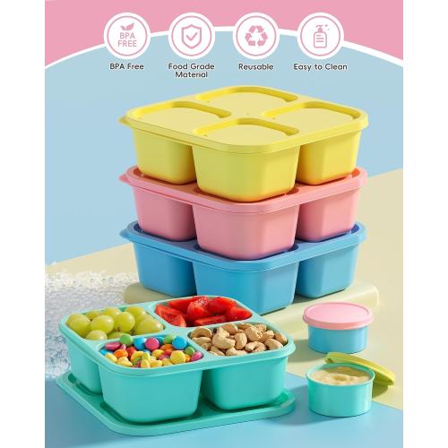 Canfanni 4 Pcs Snack Box Containers Set, Reusable 4 Compartment Lunchable Container with 2Pcs Sauce Containers, Stackable BPA-Free Bento Box for School, Work, Travel (4 Color)