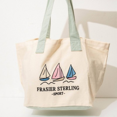 Frasier Sterling Sport Sail Boats Tote Bag Cream/Mint: Unstructured Cotton Canvas Handbag