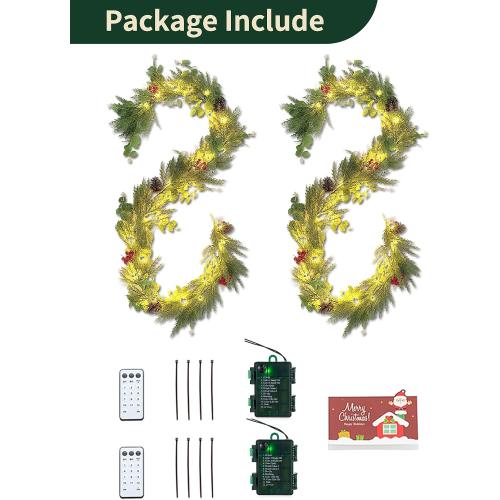 NUPTIO Artificial Christmas Garland with Lights: 2Pcs 6.2Ft Pre-Lit Gold Glitter Garland with Pine Cones Red Berry Eucalyptus - Xmas Decorations for Mantle Fireplace Railing Stairs Table Door