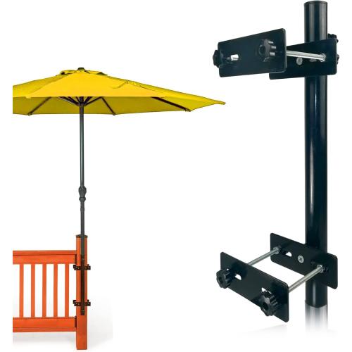 Patio Umbrella Holder, Heavy-Duty Metal Mount Stand for Deck - Sturdy Base for Railing-Mounted Clamps With Pole Maximizing Balcony Space and Shade