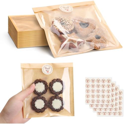HONKID 100 Pack Cookie Packaging Bags With Seal Stickers,7.1x7.5 Inch Food-Grade Bakery Bags With Window, Heat Sealable Paper Cookie Sleeves for Homemade, Sandwich, Cookies, Cakes, Brown, Donut