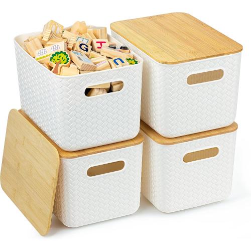 Ohmlove 4 Pack Storage Bins with Bamboo Lids,Stackable Box for Organization