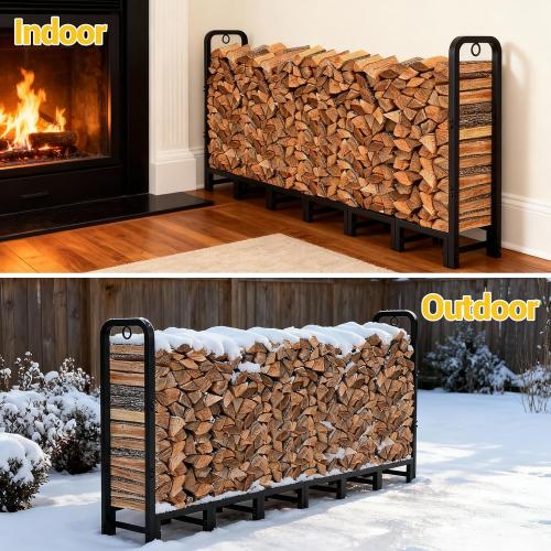 Garvee 8 ft Metal Firewood Rack, Adjustable Fire Wood Rack with 2 Lock Rings, Indoor Outdoor Log Holder, Heavy Duty Firewood Holder, Holds Up to 660 LB, Matte Black