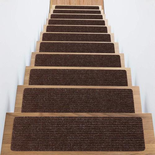 Stair Treads Non-Slip 16 Pack 8x30 - Carpet Stair Runner for Indoor Wooden Steps with TPE Backing & Anti-Skid Surface, Reusable Adhesive Safety Rug for Kids/Elder/Pet-Friendly - Brown