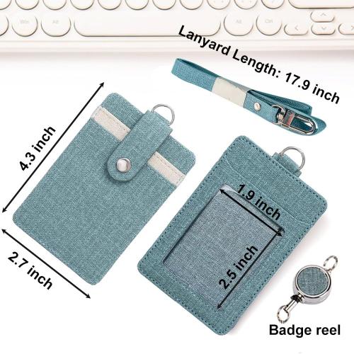 Larpur Vertical ID Badge Holders PU Leather ID Card Holder Detachable Neck Lanyard and Retractable Reel with 1 Clear Window & 2 Card Slots (Lake Blue)