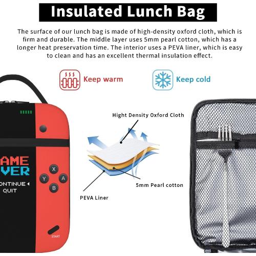 Game Insulated Lunch Box,Game Console Kids Lunch Bag For Boys Girls,Reusable Portable Kids Boys Gamer School Lunch Box With Detachable Handle (Game Neon Red & Blue)