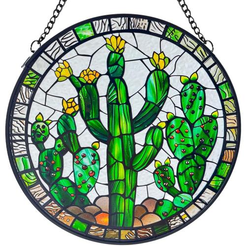 Cactus Decor Suncatcher Indoor/Outdoor Stained Glass Window Hanging - Handmade Stained Glass Suncatchers for Windows Hanging - Outdoor Garden Decor Gift for Women Christmas Thanksgiving Gifts