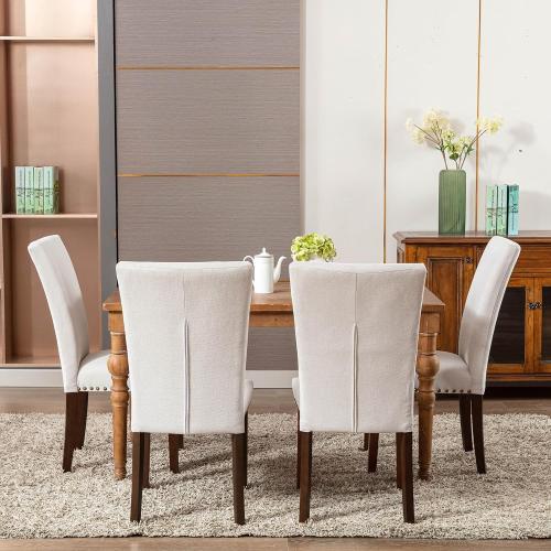 COLAMY Upholstered Parsons Dining Chairs Set of 2, Fabric Dining Room Kitchen Side Chair with Nailhead Trim and Wood Legs - Beige,No Table