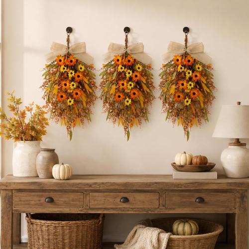 2 Pcs 24 inch Artificial Fall Swag Autumn Floral Teardrop Swags for Front Door Farmhouse Kitchen Cabinet Wreaths with Ribbon for Porch Wall Window Decor