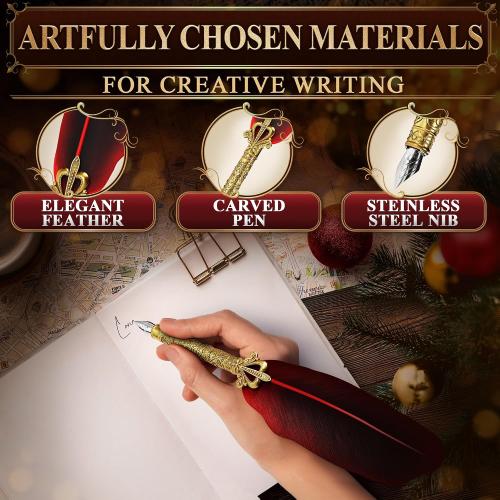 Red Feather Quill Pen and Ink Set - 11.4 Antique Feather Pen and Ink Set with Stainless Steel Nib for Calligraphy Practice, Drawing & Signatures - Designed for Beginners and Calligraphy Enthusiasts