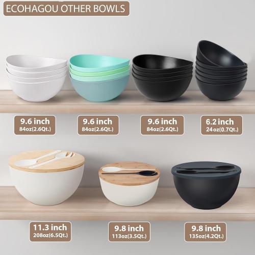 12.6 Extra Large Salad Serving Bowl Set with Wooden Lid&Utensils, 8.4Qt., Bamboo Fiber Salad Bowl with Servers for Kitchen, Big Bowl for Mixing Salad,Fruit,Pasta (Matte Black)