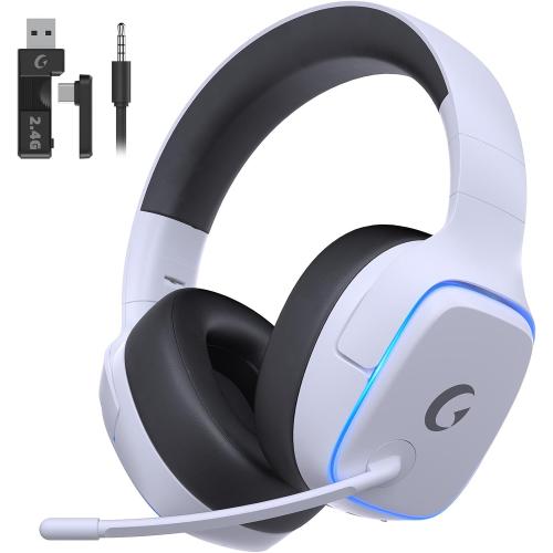 Gvyugke 2.4GHz Wireless Gaming Headsets for PS5, PS4, PC, Switch, White | Bluetooth 5.3 Gaming Headphones with Noise Canceling Mic, 7.1 Surround Sound, 70H Battery, Blue Lighting
