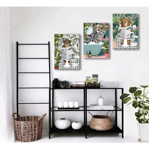 3Pcs Jungle Animal Bathroom Canvas Wall Art Zebra in Bathtub Pictures Lion Monkey on Toilet Reading Newspaper Paintings Funny Forest Animal Posters Prints for Restroom Wall Decor Framed