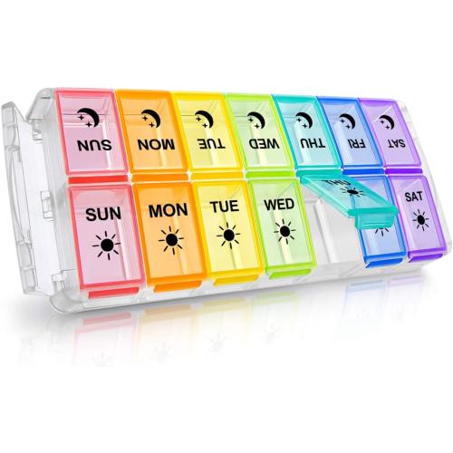 Pill Organizer 2 Times a Day, Fullicon Quick Fill Large Weekly AM PM Pill Box, Medicine Organizer 7 Day, Daily Pill Cases - Rainbow (Patent Registered)
