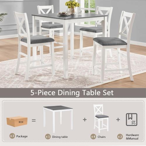 KEIKI 5-Piece Standard Height Dining Table Set with Square Table and 4 X-Shaped Backrest Upholstered Chair, for 4 Person, Modern Wooden Table Set, Easy Assembly, for Kitchen, Dining Room, Grey White