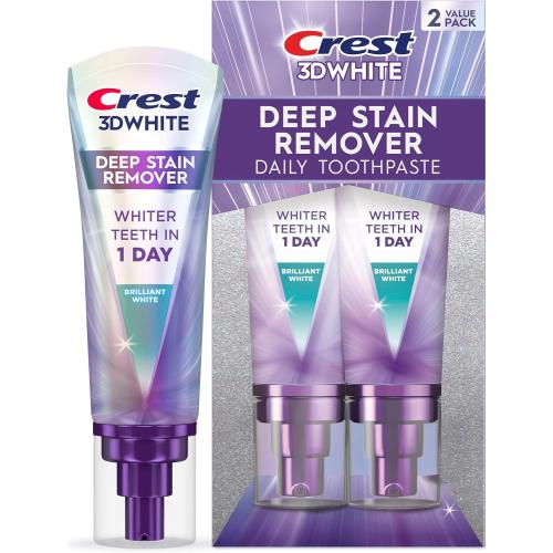 Crest 3D White Deep Stain Remover Brilliant White Toothpaste, 3.1 oz (Pack of 2), Whiter Teeth in 1 Day, Enamel Safe Fluoride Toothpaste for Fast Stain Removal and Prevention