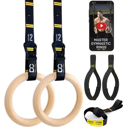 Double Circle Wood Gymnastics Rings with Quick Adjust Numbered Straps and Exercise Videos Guide - Full Body Workout Rings, Calisthenics, Home Gym (Multi-Size)