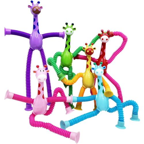Giraffe Sensory Pop Tubes, 6 Pack Telescopic Suction Cup Fidget Toys for Kids Ages 3 , Travel Toys for Airplane & Road Trips, Screen-Free Stocking Stuffers for Boys Girls
