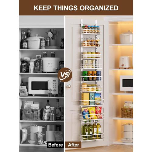 Delamu 9-Tier Over the Door Pantry Organizer, Adjustable Pantry Door Organizers and Storage, Metal Hanging Basket Wall Spice Rack Seasoning Organizer, Door Organizer Kitchen Bedroom Bathroom,12White
