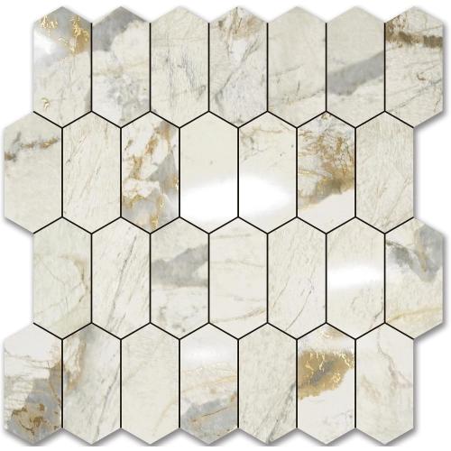 Vamos Tile Long Hexagon Peel and Stick Backsplash Tile - 10 Sheets Stick on Backsplash for Kitchen and Bathroom 12.4 x 12 Inch Glossy Pandora Marble with Gold Veining PVC Self Adhesive Wall Tiles
