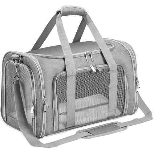 Soft-Sided Cat/Dog/Pet Carrier, Collapsible Pets Travel Carriers for Big Cats/Small Dogs with Shoulder Strap & Removable Mat, Mesh Puppy Carry Bag, Up to 25 Lbs(Gray)