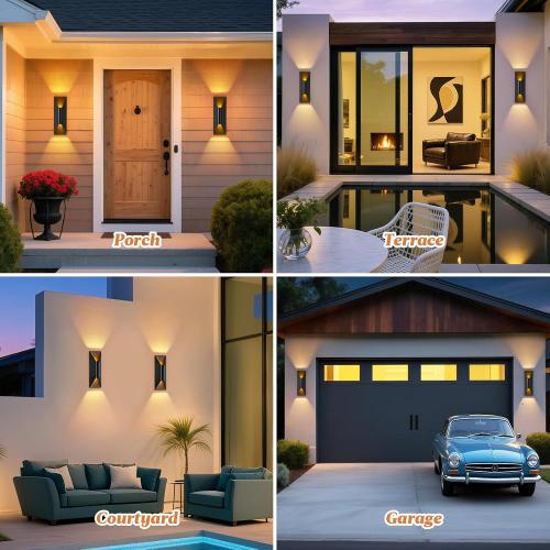 Outdoor Wall Light Fixture, 15 Up and Down Waterproof Porch Wall Sconce, Replaceable Bulb, 3000K LED, Modern Black Outside Lights for House, Front Door, Garage