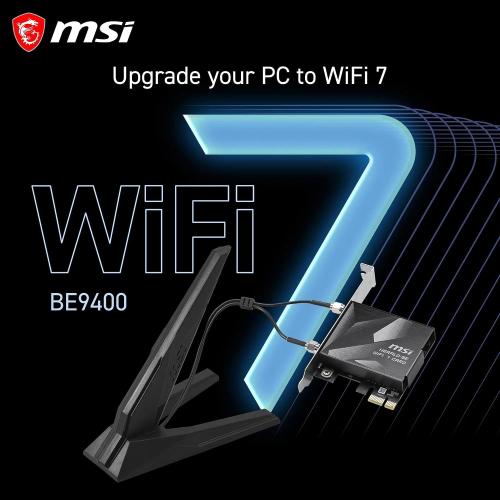 MSI Herald BE9400 PCIe Card WiFi 7 Three-Band for Desktop, Bluetooth 5.4, 6GHz, MLO, 320MHz, 5.8 GB/s