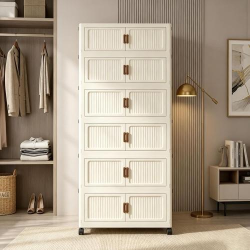 302QT Modular Stackable Storage Bins with Lids, Rolling Lidded Storage Containers with Wheels, Collapsible Drawer Storage Bins for Clothes, Container Drawers for Bedroom Dorm, Cream（6 Pack）