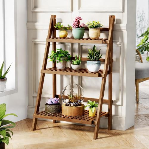 39.4 Bamboo Ladder Shelf Plant Shelf, 3 Tier Foldable Ladder Flower Pot Display Shelf Rack, 23.6W x 15D x 39.4H, Freestanding Bookshelf for Garden, Balcony, Yard, Patio, Lawn, Living Room, Walnut