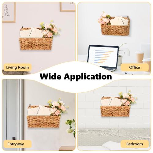 2 Pcs Woven Mail Holder Wall Mount Basket 9.25x1.57 Inch Rattan Wall Letter Holder Wicker Wall Basket Storage Water Hyacinth Hanging Storage Basket with Hooks for Mail Envelope Office