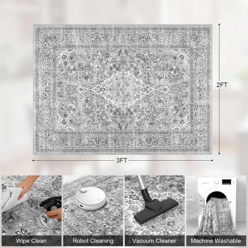 Grey Small Washable Area Rug, 2x3 Boho Vintage Entryway Rugs, Soft Non Slip Floral Door Mat, Aesthetic Low Pile Carpet for Front Door Entry Carpets Entrance Bedroom Kitchen