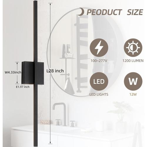 Wall Sconces Set of Two, 28 Inch Dimmable LED Wall Sconce Modern Black Sconces Set of 2 for Bathroom, Living Room, Bedroom, Hardwired 3000K (2 Pack)