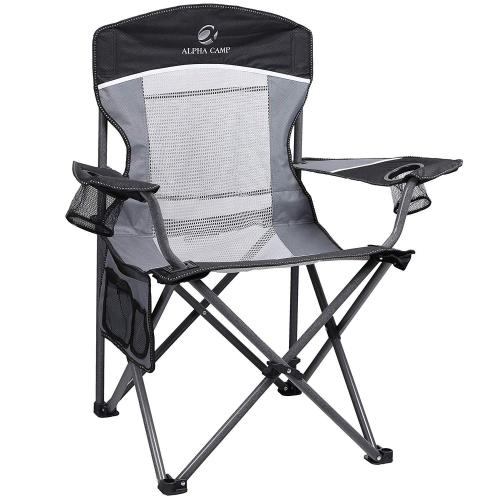 ALPHA CAMP Oversized Mesh Back Camping Folding Chair Heavy Duty Support 350 LBS Collapsible Steel Frame - Black Grey