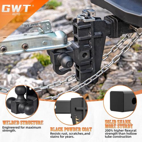 Adjustable Trailer Hitch with Hook, Tri-Ball (1-7/8 x 2 x 2-5/16) Drop Hitch, Fits 2.5-Inch Receiver, 6 Inch Drop Hitch, 18500 LBS GTW-Class 3 Tow Hitch for Heavy Duty Truck, Black