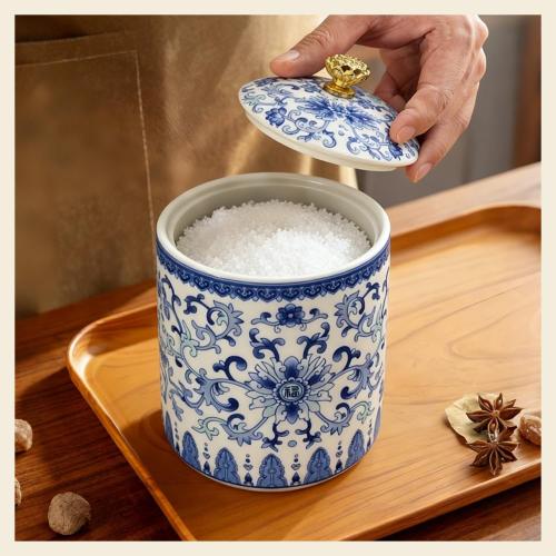 Vintage Blue White Salt Cellar with Lid - Airtight Ceramic Jar
