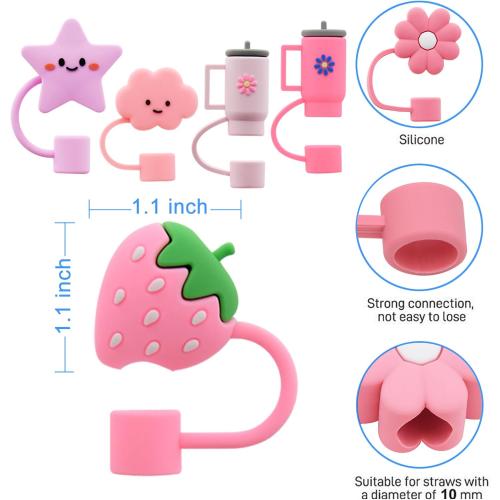 Cover Cap for Stanley Cups, Topper Compatible with 30 & 40 Oz Tumblers, Reusable Dust-Proof Silicone Lids, Drinking Straw Covers, 6pcs All Pink