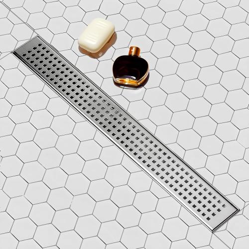 SaniteModar Linear Shower Drain, Linear Drain 32 inch with Removable Square Hole Panel, Brushed 304 Stainless Steel Shower Floor Drain with Adjustable Feet and Hair Catcher