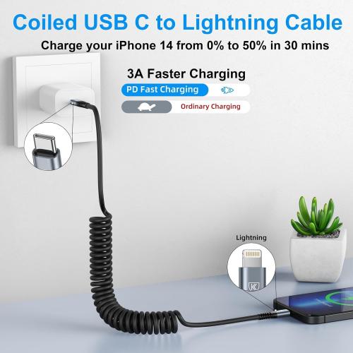 USB Type C to Lightning Cable 3FT 2Pack Coiled iPhone Charger Fast Charging