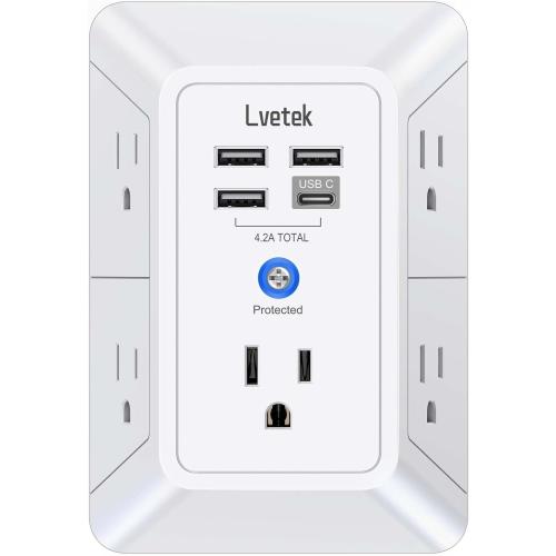 5 Outlet Extender Multi Plug Wall Outlets with 4 USB Charging Ports (1 USB C Outlet), 3 Sided 1680J Surge Protector Power Strip USB Wall Charger for Home, Office, Travel, ETL Listed, White