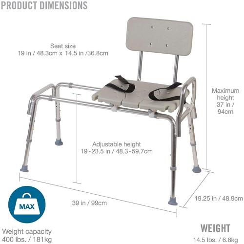 DMI Tub Transfer Bench and Shower Chair with Non Slip Aluminum Body, FSA Eligible, Adjustable Seat Height and Cut Out Access, Holds Weight up to 400 Lbs, Bath and Shower Safety, Transfer Bench
