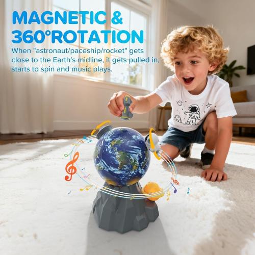 Magnetic Musical Rotating Ball,Space Toys for Kids 3 4 5 6 7 8 9 10 Year Old Boys Girls Sensory Toys for Toddlers Birthday Gifts Educational STEM Toy Playset with Astronauts Rocket Spacecraft Planet