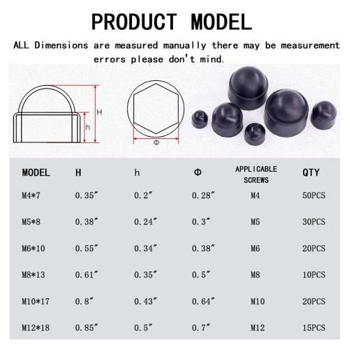 wugongshan 145 Pcs Screws Bolt Covers Caps, Hex Head Dome Bolt Covers, Plastic Bolt Caps, Screw Caps Covers, Hexagonal Screw Bolts Cover Protection Caps for Matching, M4 M5 M6 M8 M10 M12