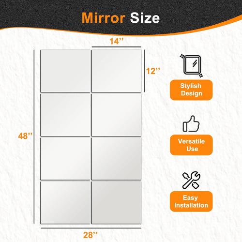 Delma Frameless Mirror Tiles 14x12x8 Pcs Wall Mounted, Shatter Resistant Full Length Tempered Glass Panels for Home Gym Bathroom Bedroom & Living Room Decor