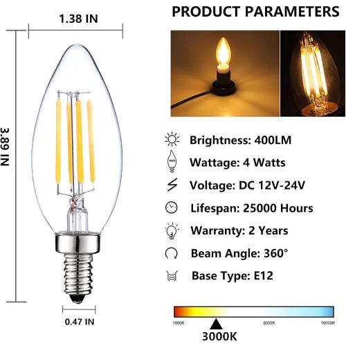 SHUWDKAR 12 Volt Candelabra Bulbs LED 4W E12 Bulbs 40 Watt Equivalent 3000K